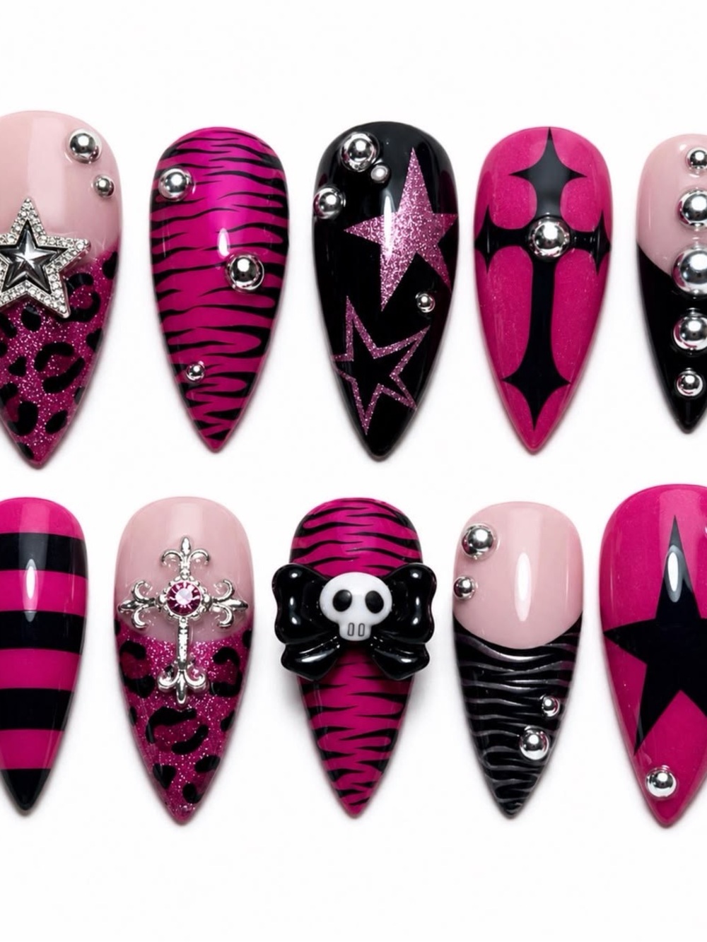 Pink & Black Gothic Star Skull Press-On Nails